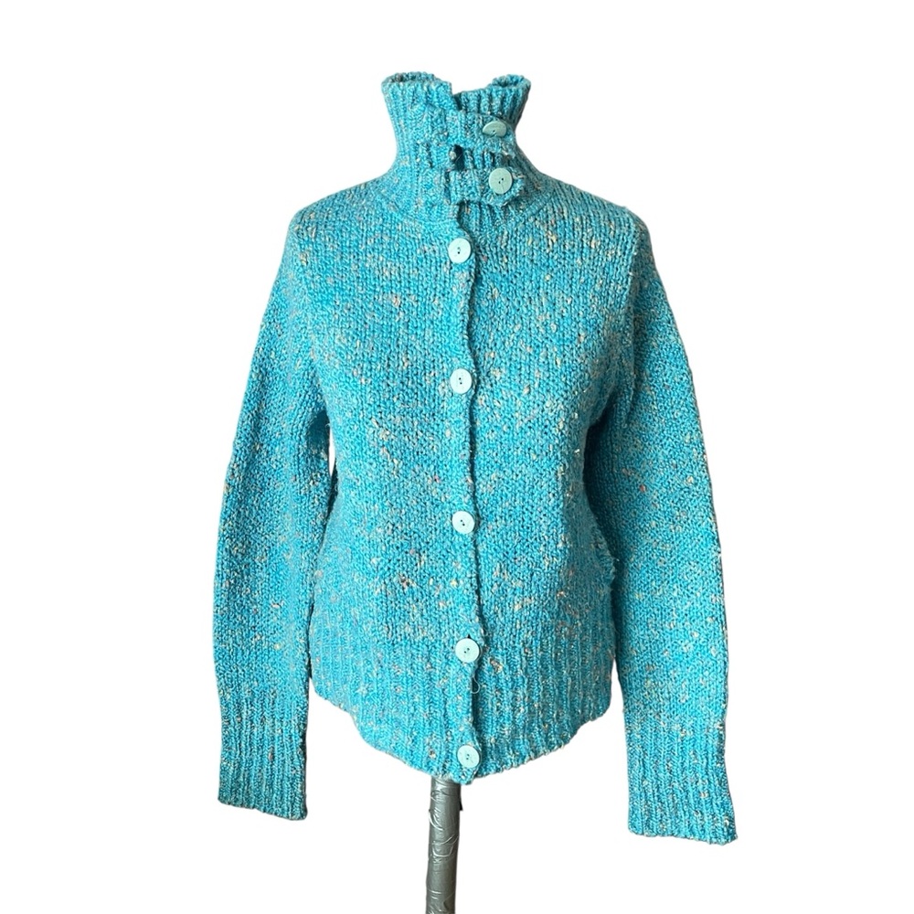 Relais Blue Vintage Speckled Confetti High Neckline Cardigan Sweater Size Medium